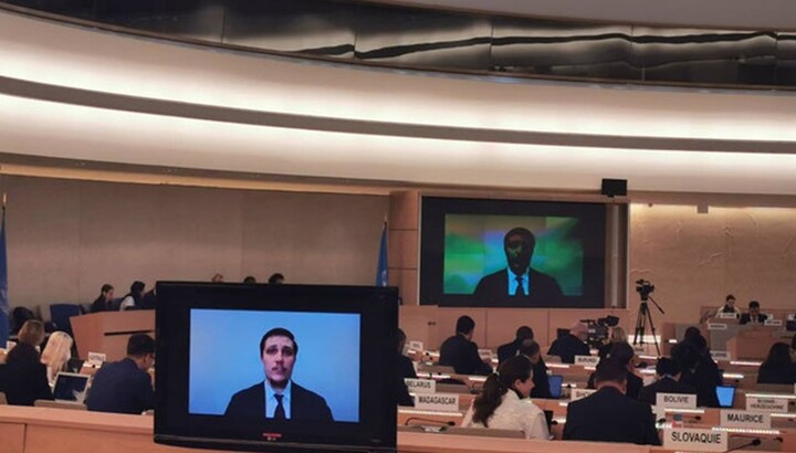 Archpriest Nikita Chekman speaks at the UN session. Photo: protiktor.com