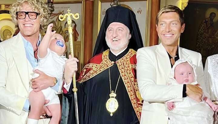 Archbishop Elpidophoros with a gay couple and their children after baptism. Photo: vimaorthodoxias